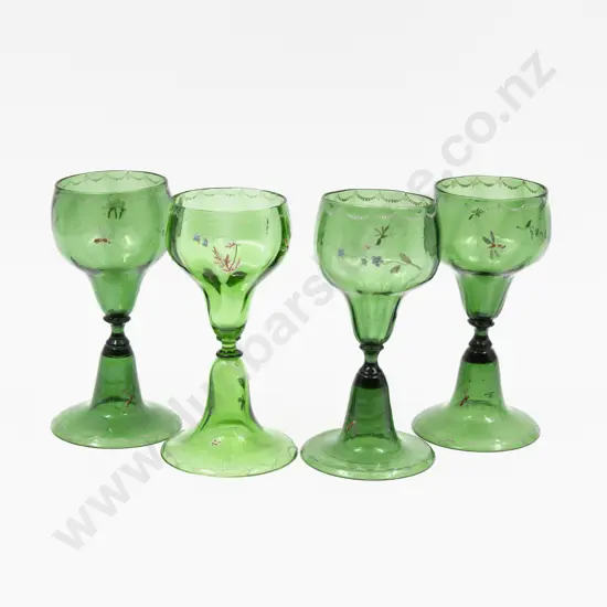 Four Bohemian Glasses Hand-Painted with Insects & Flowers 12.5cm H