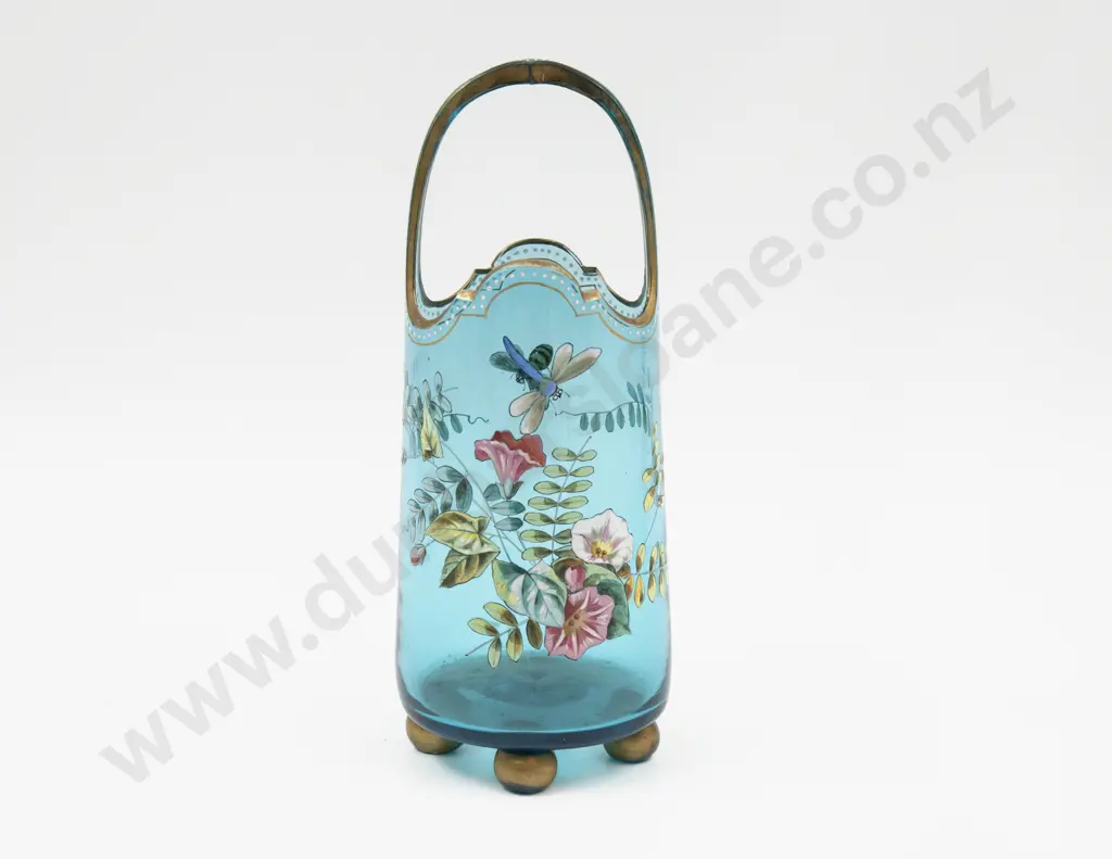 Victorian Hand-Painted Blue Glass Basket Vase 22cm H Image 1++