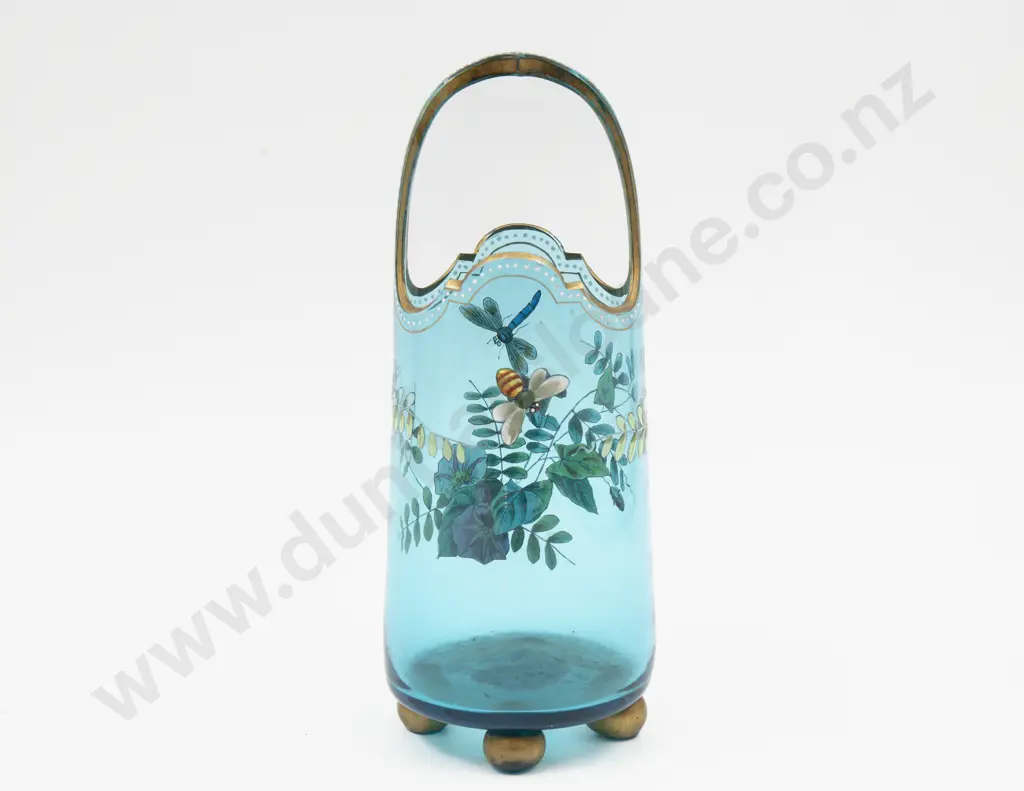 Victorian Hand-Painted Blue Glass Basket Vase 22cm H Image 1++