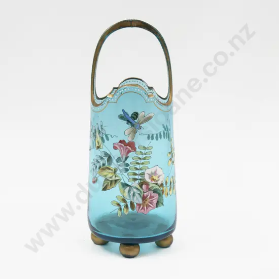 Victorian Hand-Painted Blue Glass Basket Vase 22cm H