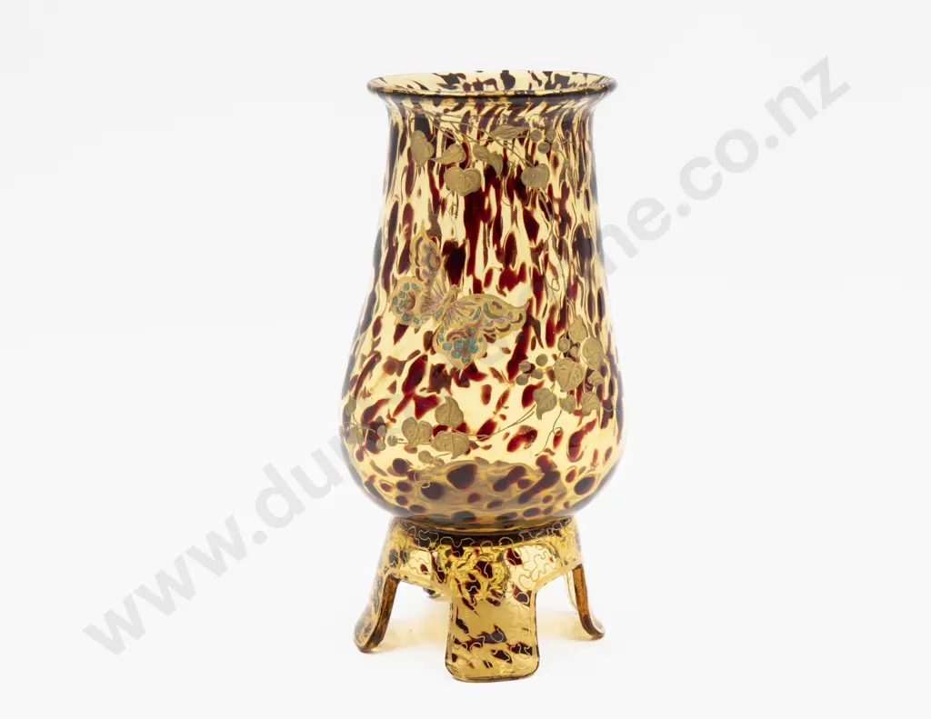 Victorian Tortoiseshell Glass Gilt Decorated Footed Vase 20cm H Image 1++