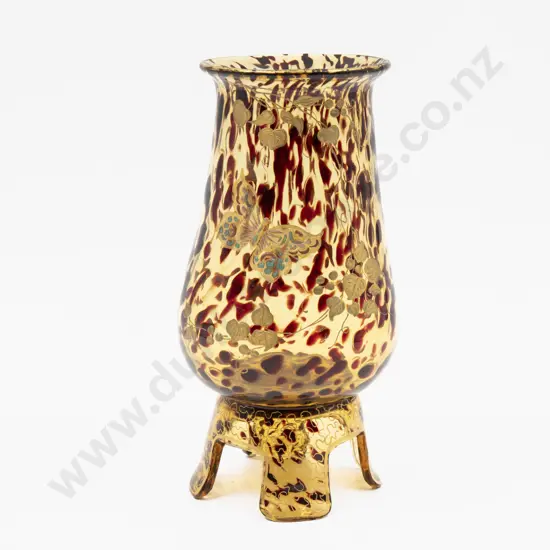 Victorian Tortoiseshell Glass Gilt Decorated Footed Vase 20cm H