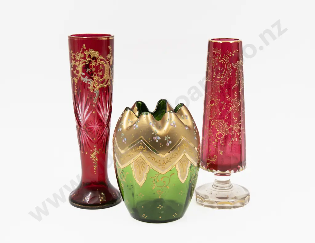 Three Bohemian Glass Gilt Decorated Vases Tallest 22.5cm H Image 1++
