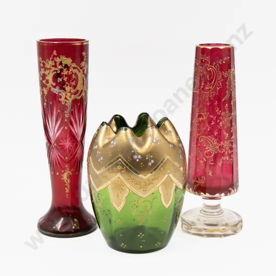 Three Bohemian Glass Gilt Decorated Vases Tallest 22.5cm H
