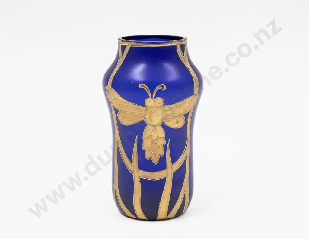 Art Nouveau Cobalt Blue Glass Vase with Gilt Decorated Dragonfly 11cm H Image 1++