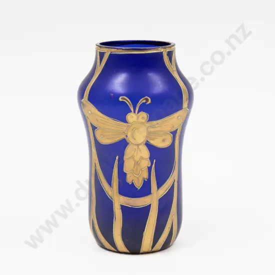 Art Nouveau Cobalt Blue Glass Vase with Gilt Decorated Dragonfly 11cm H