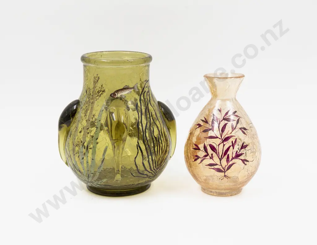 Two Bohemian Crackle Glass Hand-Painted Vases Tallest 16cm H Image 1++