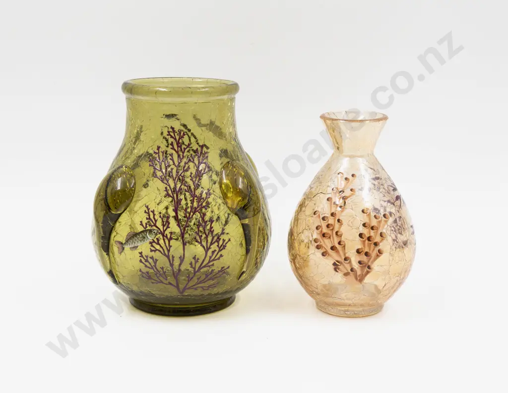 Two Bohemian Crackle Glass Hand-Painted Vases Tallest 16cm H Image 1++