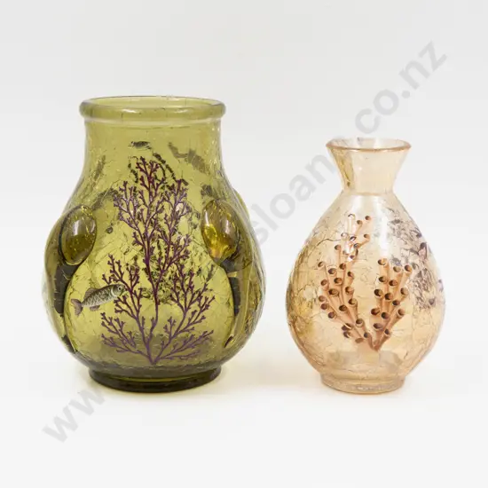 Two Bohemian Crackle Glass Hand-Painted Vases Tallest 16cm H