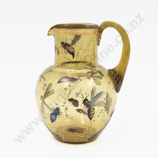 Bohemian Glass Jug Hand-Painted with Various Insects 16cm H
