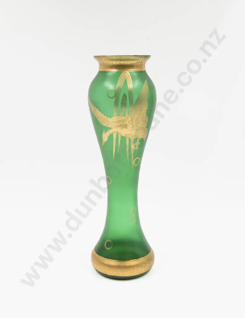 Bohemian Art Nouveau Green Glass Gilt Decorated Vase 33cm H Image 1++