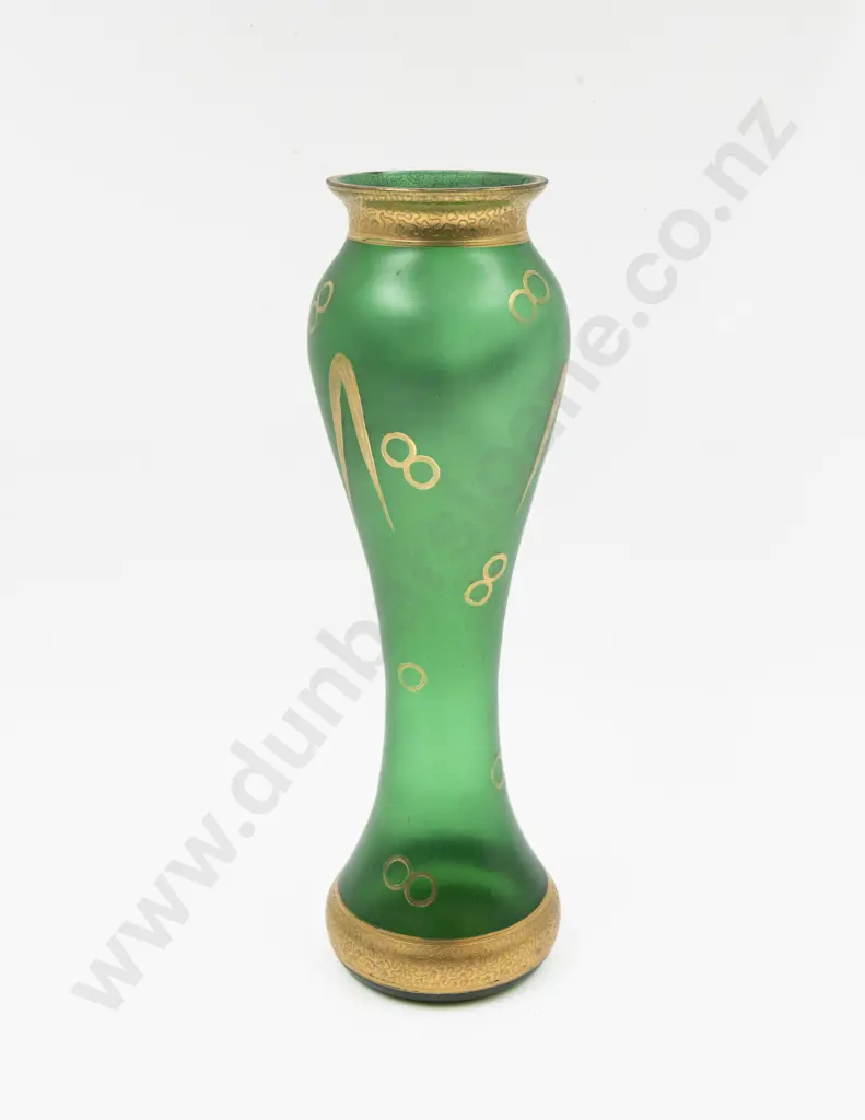 Bohemian Art Nouveau Green Glass Gilt Decorated Vase 33cm H Image 1++