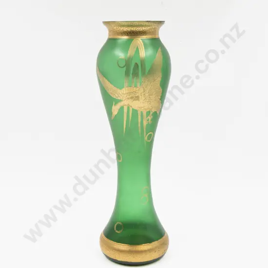 Bohemian Art Nouveau Green Glass Gilt Decorated Vase 33cm H