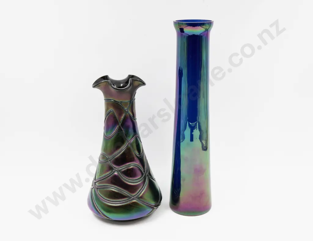 Loetz Type Hand Blown Iridescent Glass Vase & Other Tallest 33cm H Image 1++