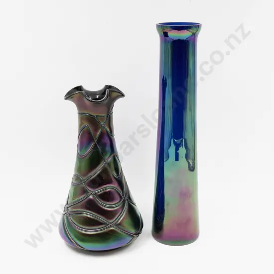 Loetz Type Hand Blown Iridescent Glass Vase & Other Tallest 33cm H