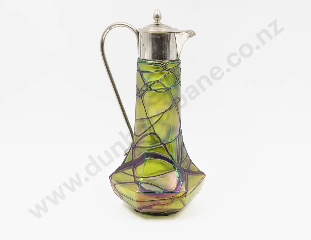 Loetz Type Hand Blown Iridescent Glass Claret Jug With S/P Mounts 29cm H Image 1++