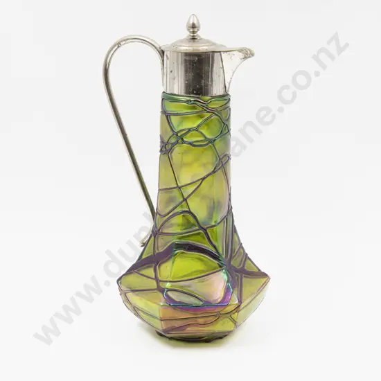 Loetz Type Hand Blown Iridescent Glass Claret Jug With S/P Mounts 29cm H