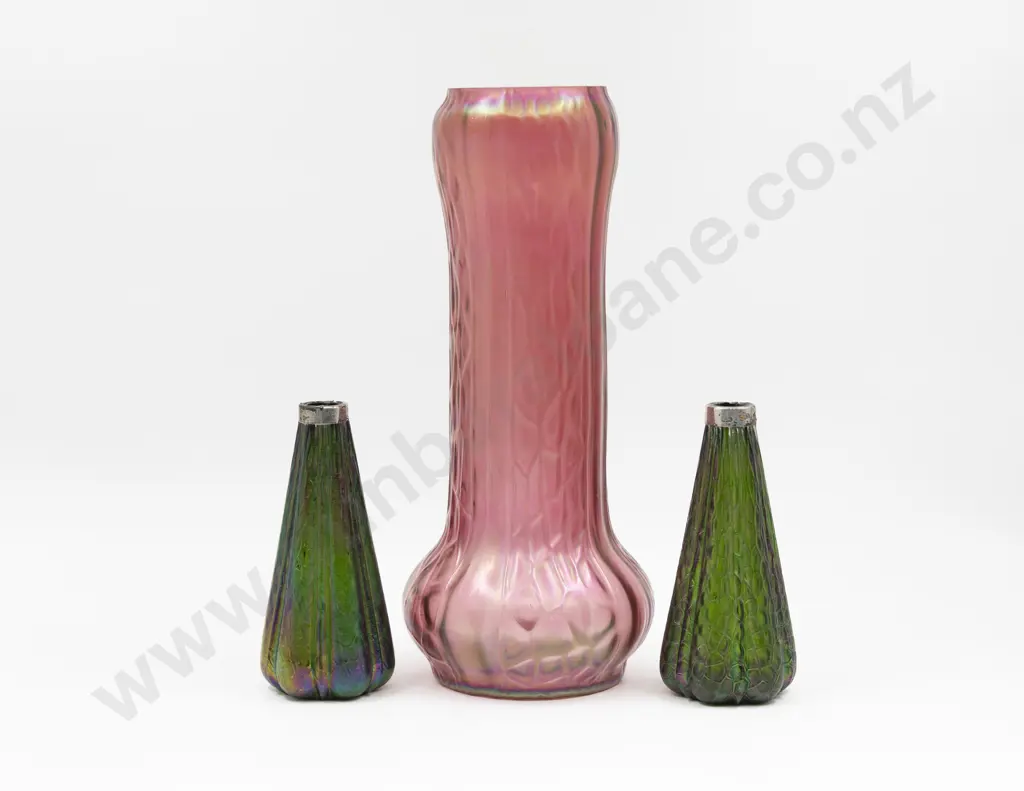 Large Iridescent Glass Mantel Vase & Pair Smaller Examples with S/S Mounts Image 1++