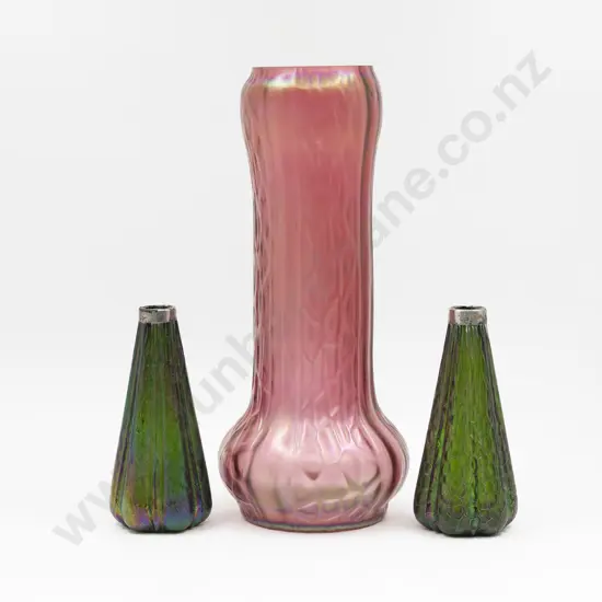 Large Iridescent Glass Mantel Vase & Pair Smaller Examples with S/S Mounts
