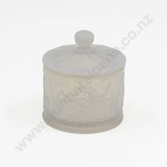 Barolac Lidded Opalescent Glass Powder Box with Classical Cavalry Motifs 11cm H