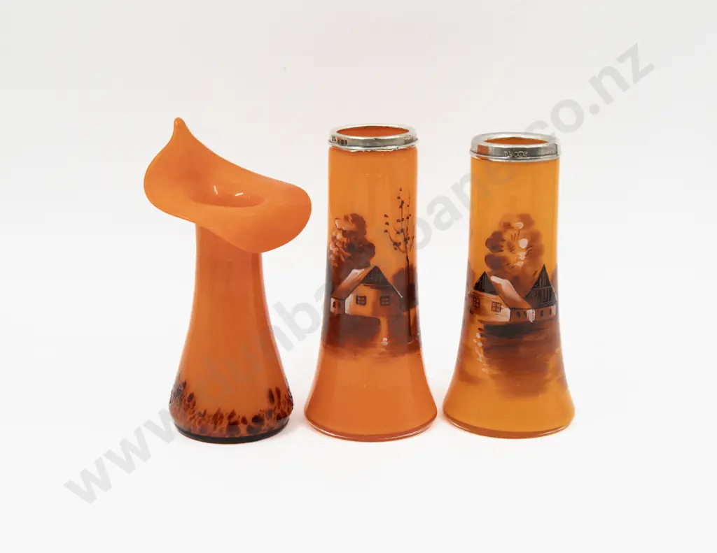 Pair Early C20th Hand-Painted Glass Vases with S/S Rims 15.5cm H & Other Image 1++