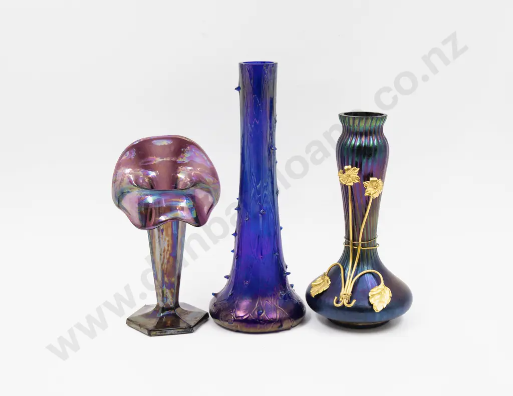 Three Iridescent Glass Vases Tallest 23.5cm H Image 1++