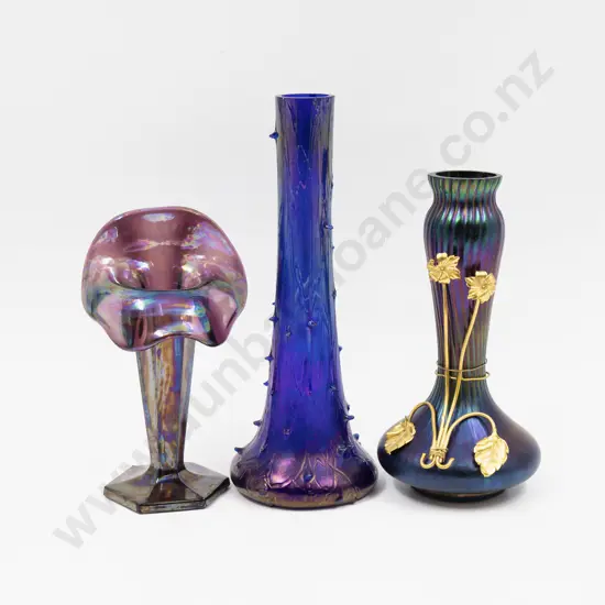 Three Iridescent Glass Vases Tallest 23.5cm H