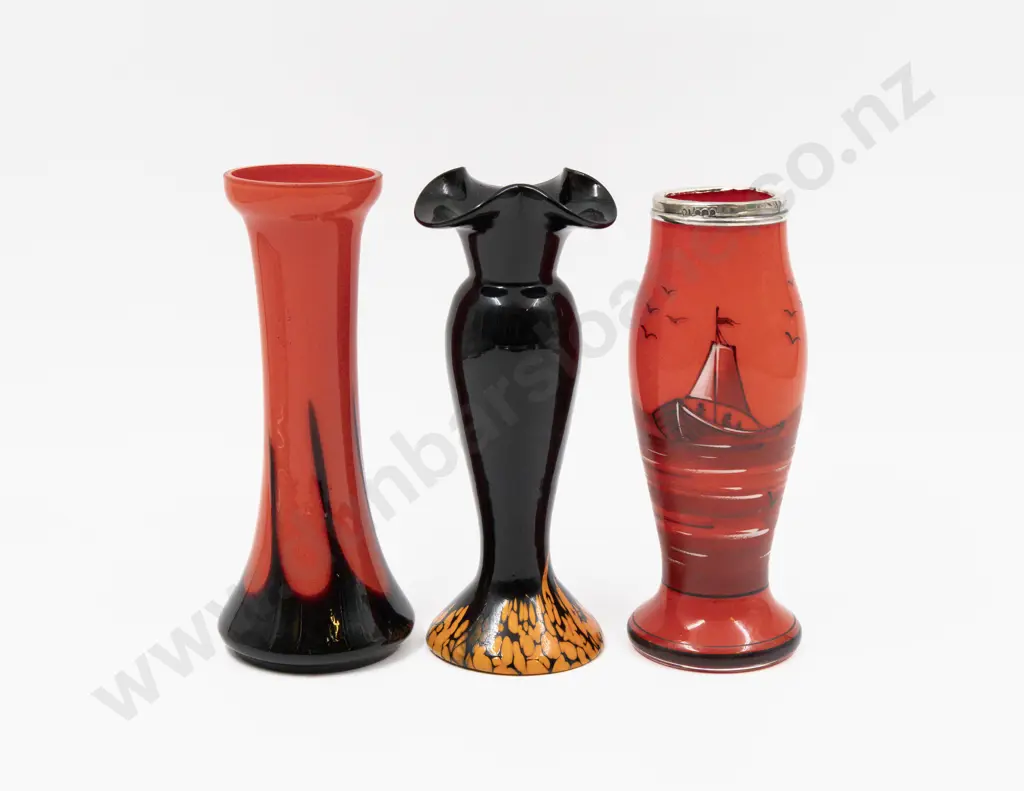 Early C20th Hand-Painted Glass Vase with S/S Rim & Two Others Tallest 17cm H Image 1++