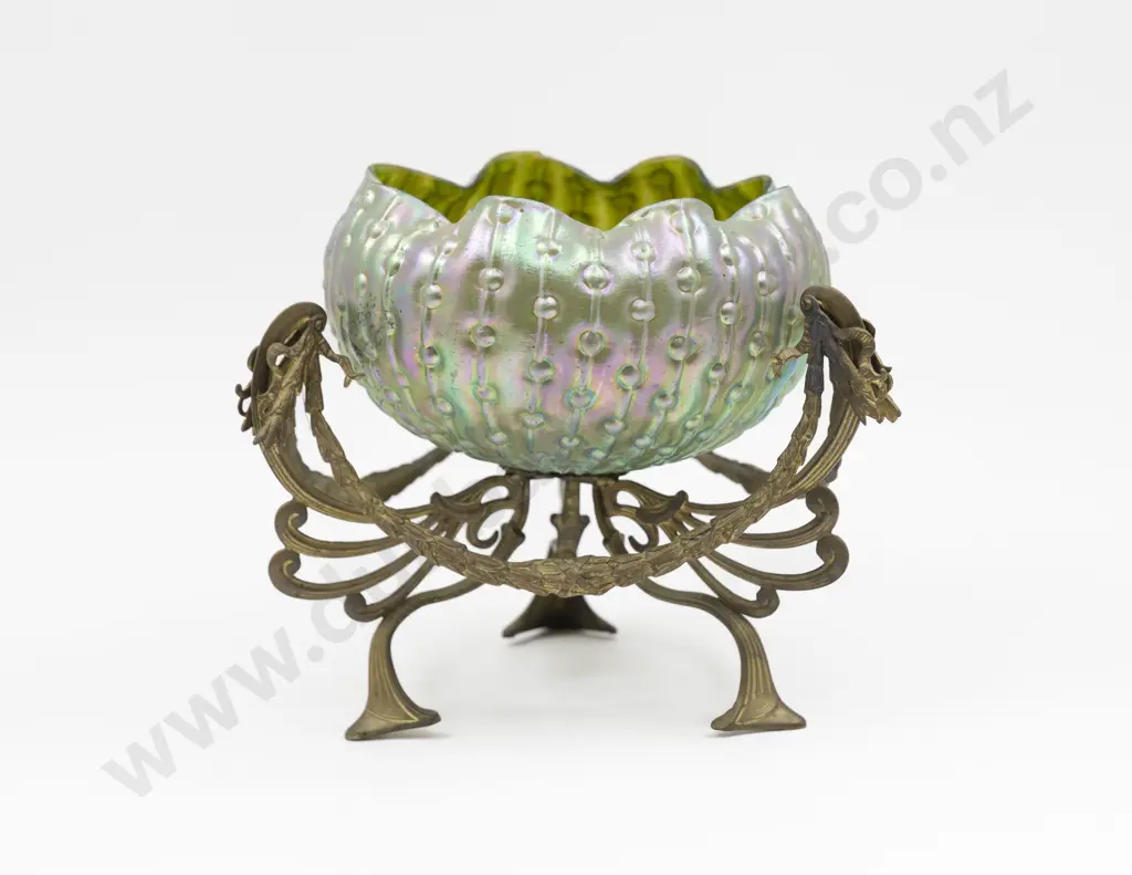 Art Nouveau Loetz Style Bowl on Gilt Metal Stand 22cm H Image 1++