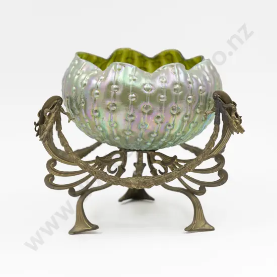 Art Nouveau Loetz Style Bowl on Gilt Metal Stand 22cm H
