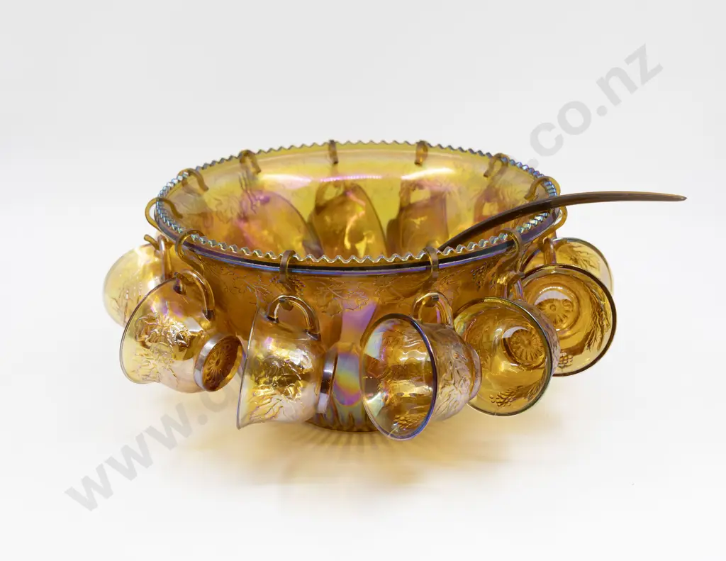 Carnival Glass Punch Bowl & Twelve Cups 31cm Dia Image 1++