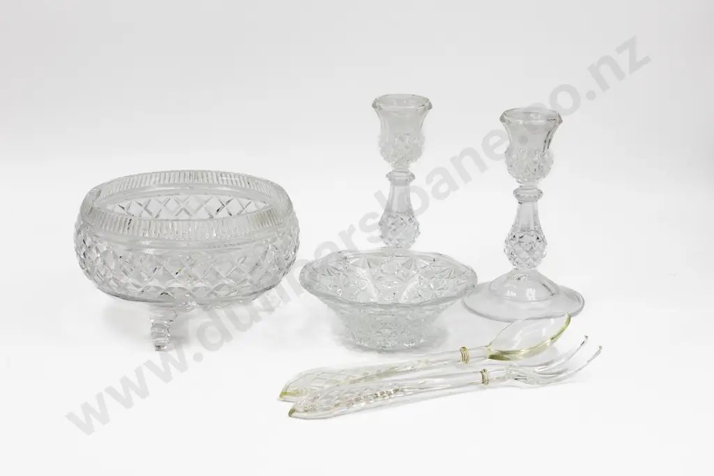 Pair Pressed Glass Candlesticks 17cm H & Others Image 1++