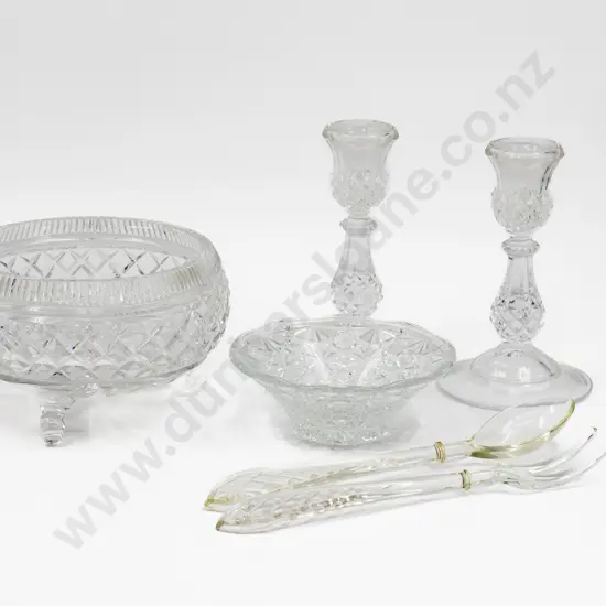 Pair Pressed Glass Candlesticks 17cm H & Others