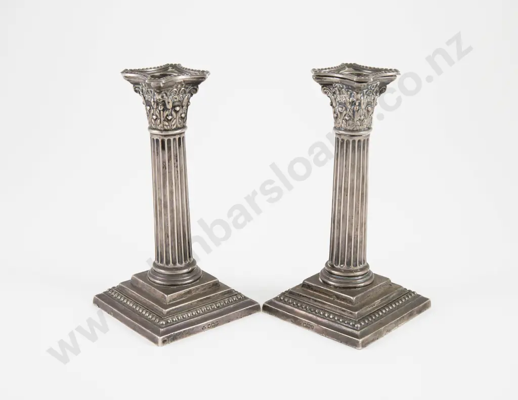 Pair Edw VII S/S Corinthian Column Candlesticks Image 1++