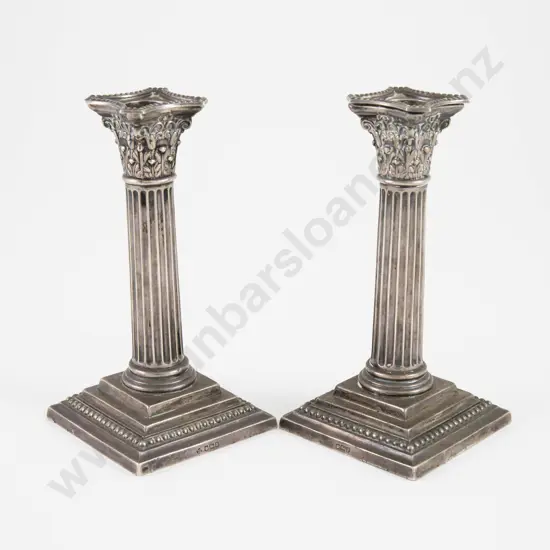 Pair Edw VII S/S Corinthian Column Candlesticks