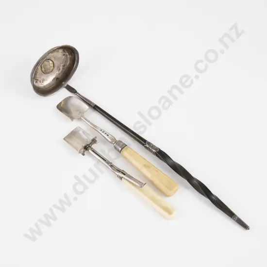 2 Georgian S/S Bone Handled Cheese Scoops & Geo III Punch Ladle