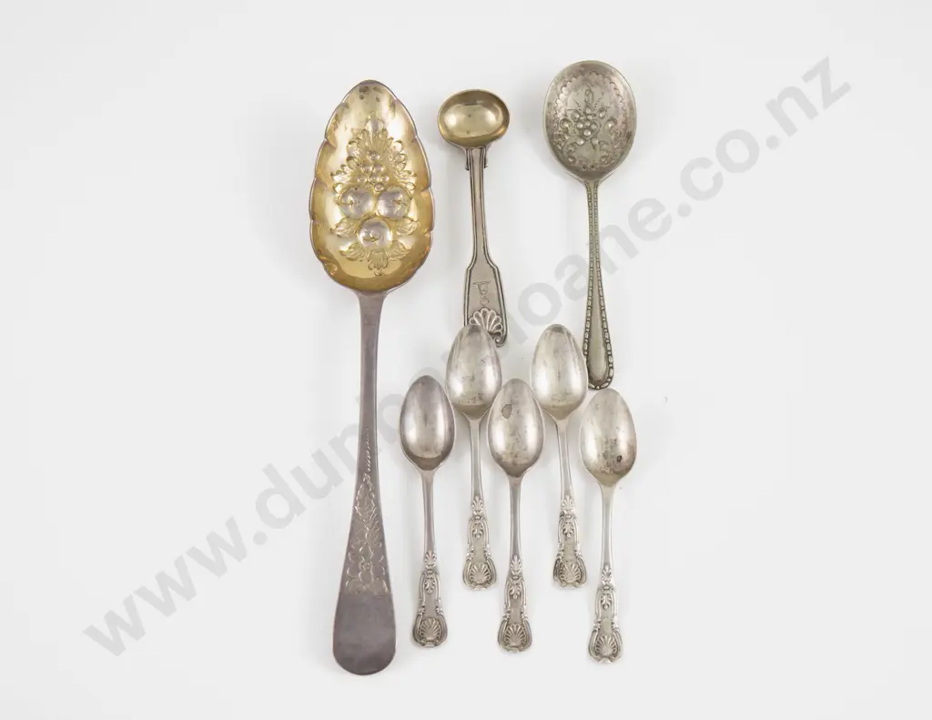 Geo III S/S Berry Spoon, 6 Smaller S/S Spoons & S/P Jam Spoon Image 1++