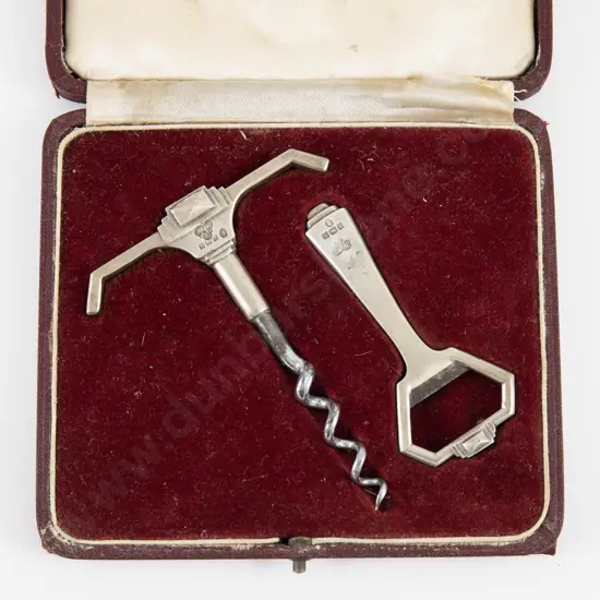 Cased Geo VI Art Deco S/S Corkscrew & Bottle Opener by Harrods