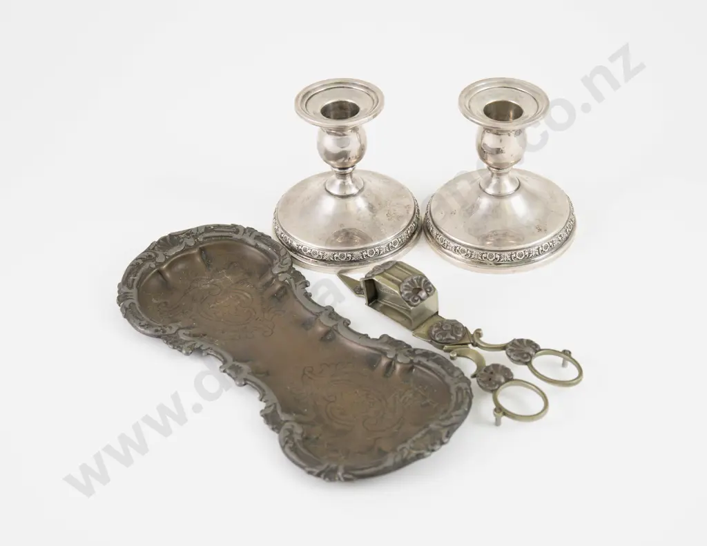 Pair Of S/S Dwarf Candlesticks & Vict S/P Candlesnuffers & Tray Image 1++