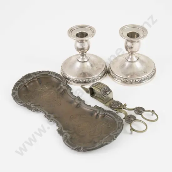 Pair Of S/S Dwarf Candlesticks & Vict S/P Candlesnuffers & Tray