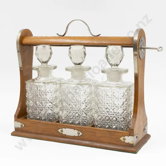 Edwardian Oak Three Decanter Tantalus