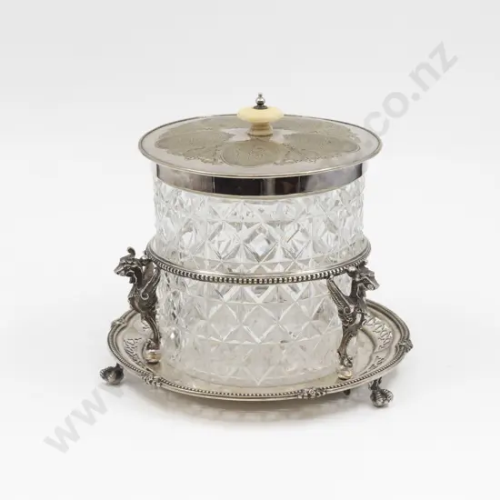 Edwardian Walker & Hall Silverplate Mounted Cut Glass Biscuit Barrel