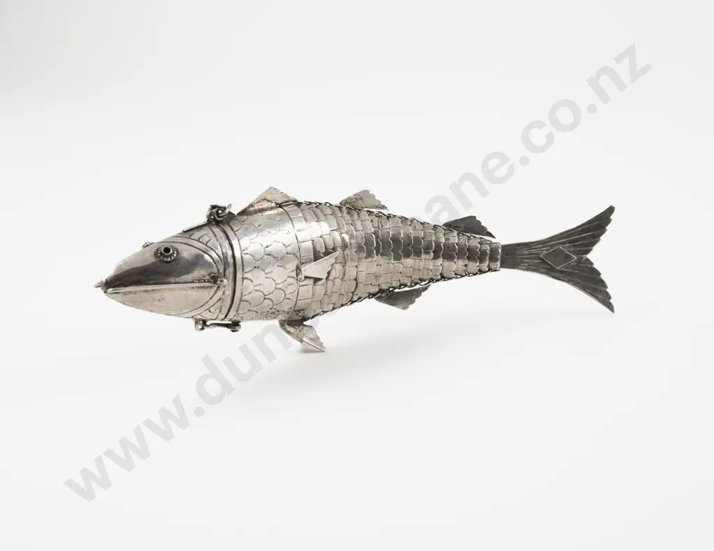 Large Antique Silver Articulated Fish Box Image 1++