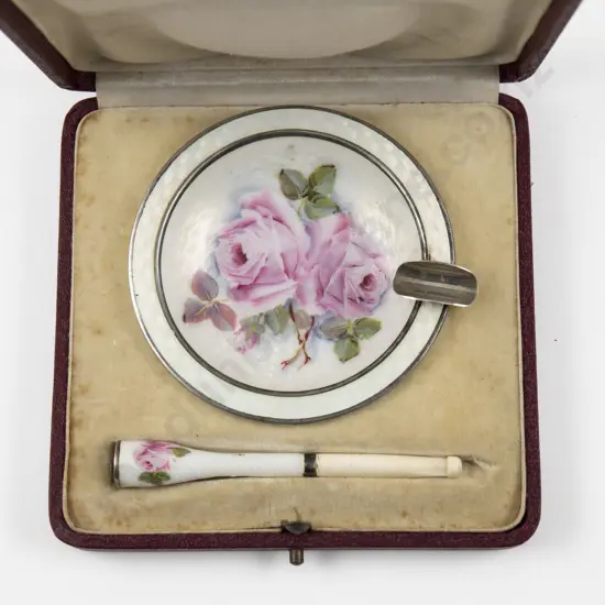 Cased 925 Sterling and Enamel Ash Dish and Matching Cigarette Holder
