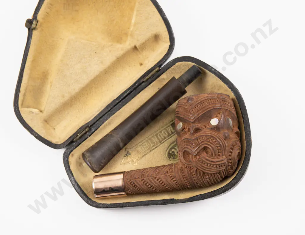 Cased Colonial Maori Tiki Carved Bowl Pipe Image 1++