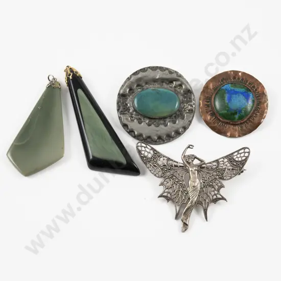 Arts & Crafts Two Tile Brooches Two Agate Pendants and S/S Fairy Brooch