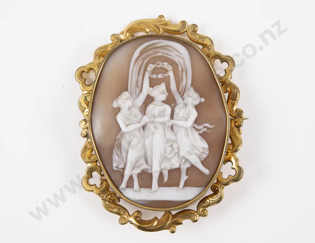 Large Victorian Gold Plate Framed Cameo Brooch Carved with the Three Graces Image 1++