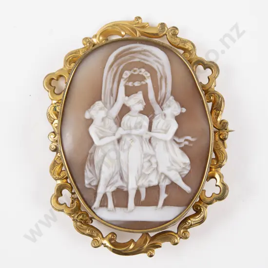 Large Victorian Gold Plate Framed Cameo Brooch Carved with the Three Graces
