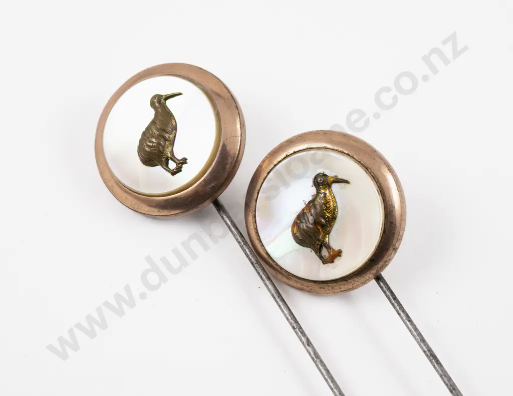 Two Edwardian Gold Plate MOP and Kiwi Emblem Finial Hat Pins Image 1++