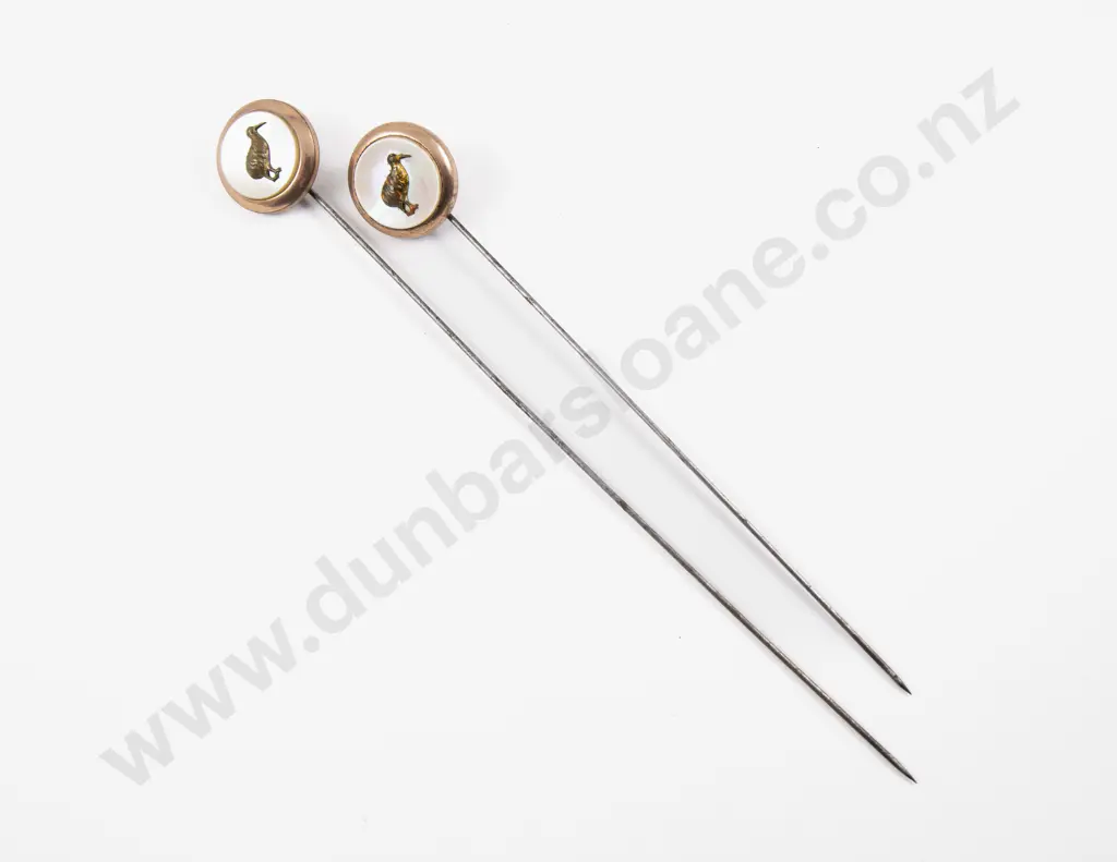 Two Edwardian Gold Plate MOP and Kiwi Emblem Finial Hat Pins Image 1++